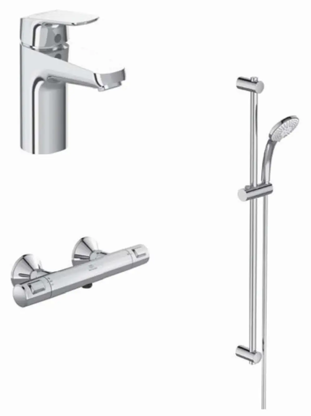 Armaturenpaket von Ideal Standard mit einem hochwertigen Wasserhahn, Thermostat für die Dusche und einer Handbrause, alles in verchromtem Finish.